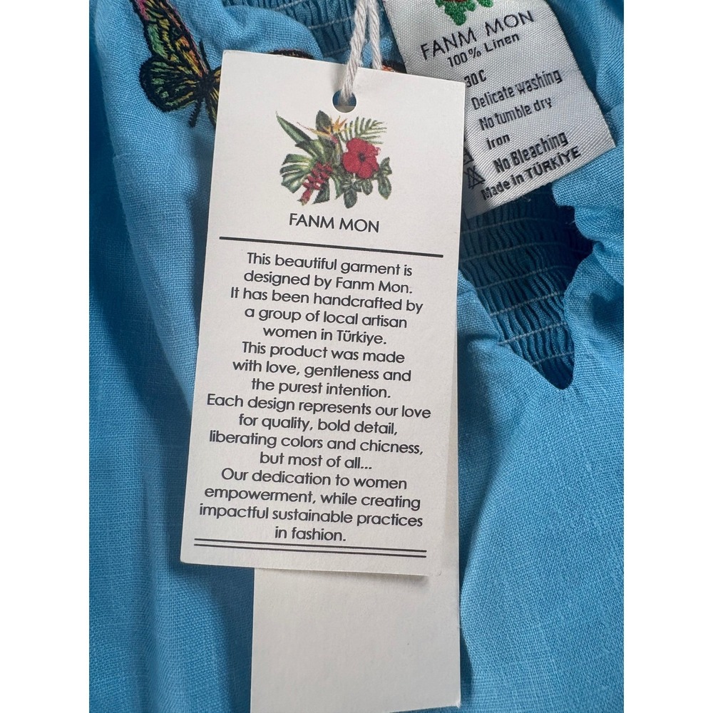 Fanm Mon Blue Linen Butterfly Embroidered Peplum Cami Top NWT Size Medium - Picture 5 of 7